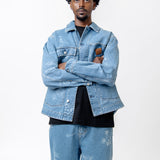 Stamp Print Jacket Blue Bleached I033743
