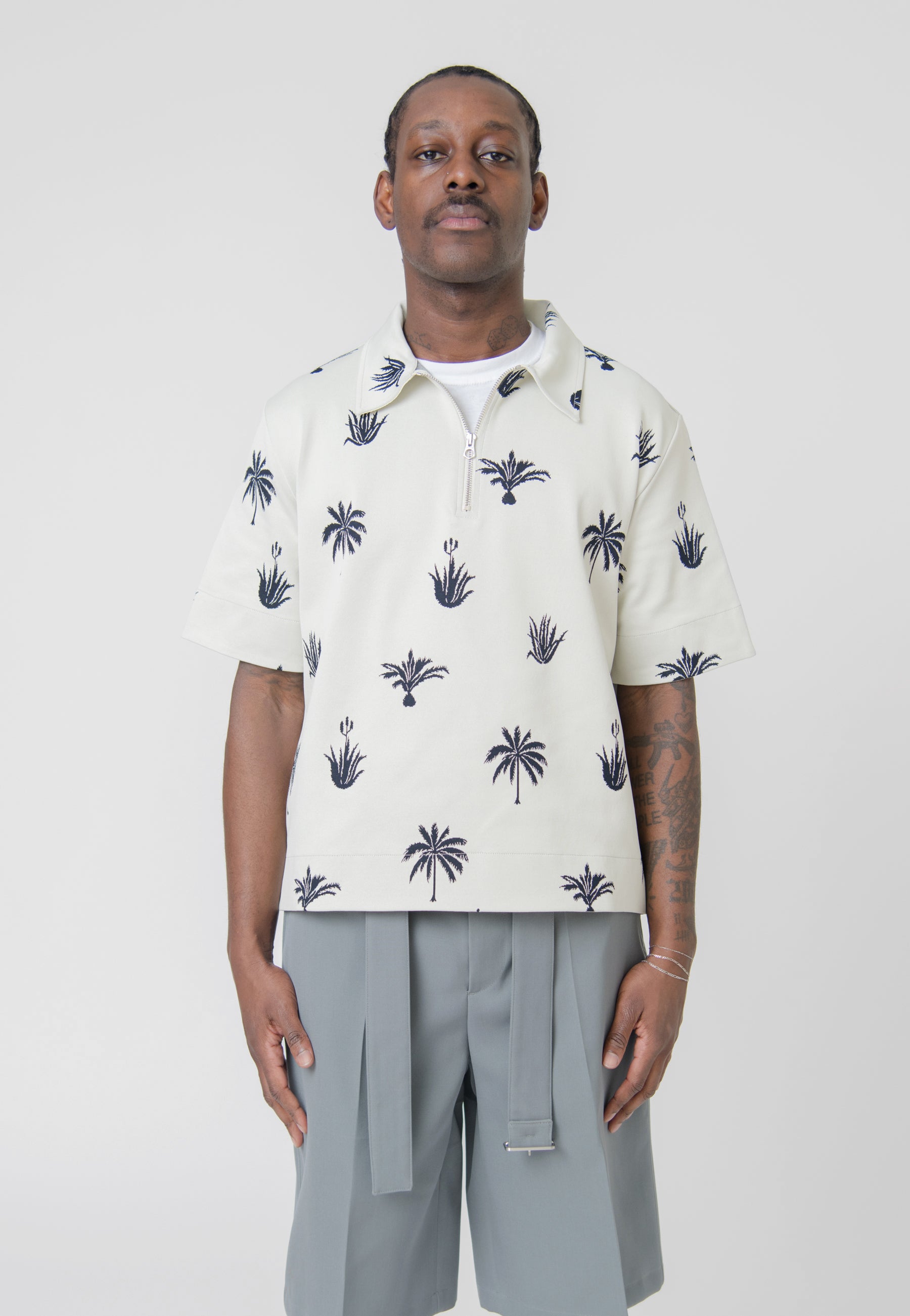 Palm Tree Jacquard Polo Shirt White/Black J22GL0103