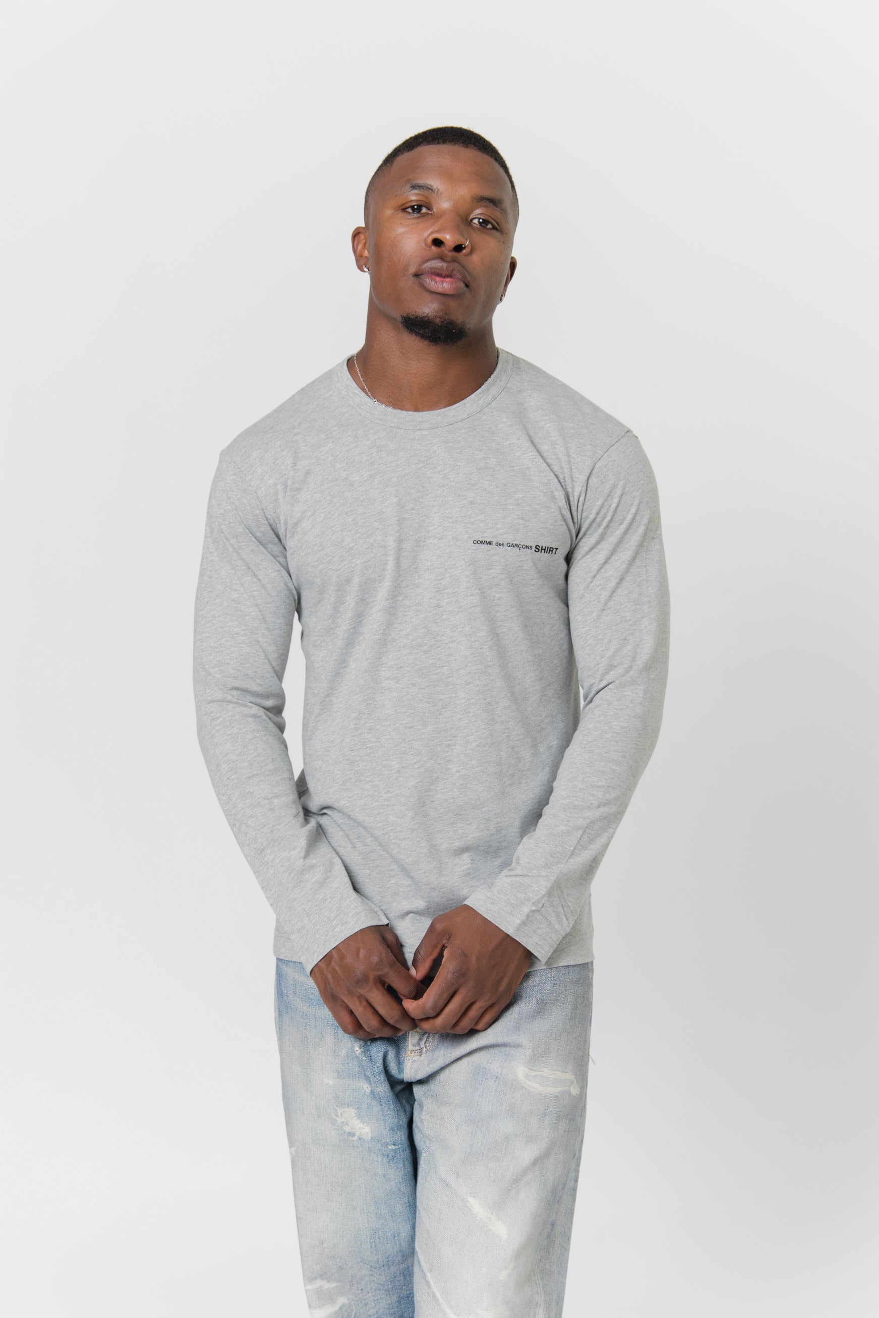 Long Sleeve Chest Print Logo Tee Grey T017