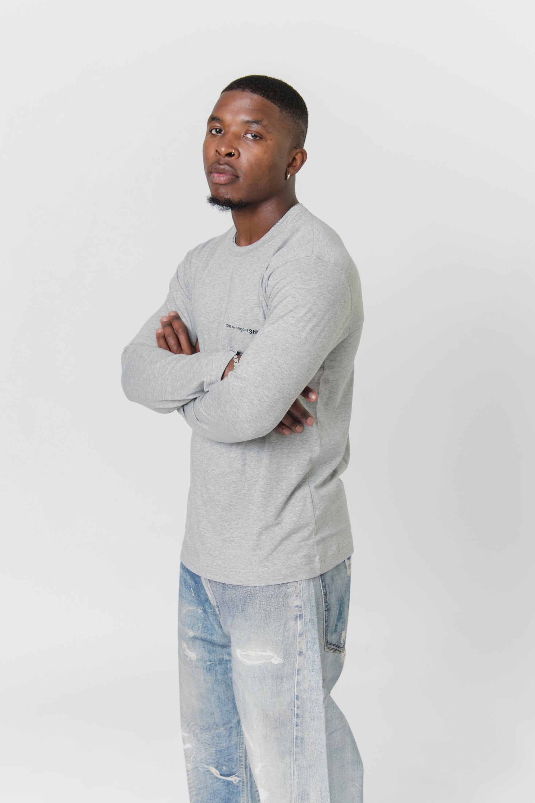 Long Sleeve Chest Print Logo Tee Grey T017
