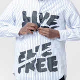 Live Free Curved Printed Long Sleeve Button-Up Shirt White/Blue FN-B006-W24