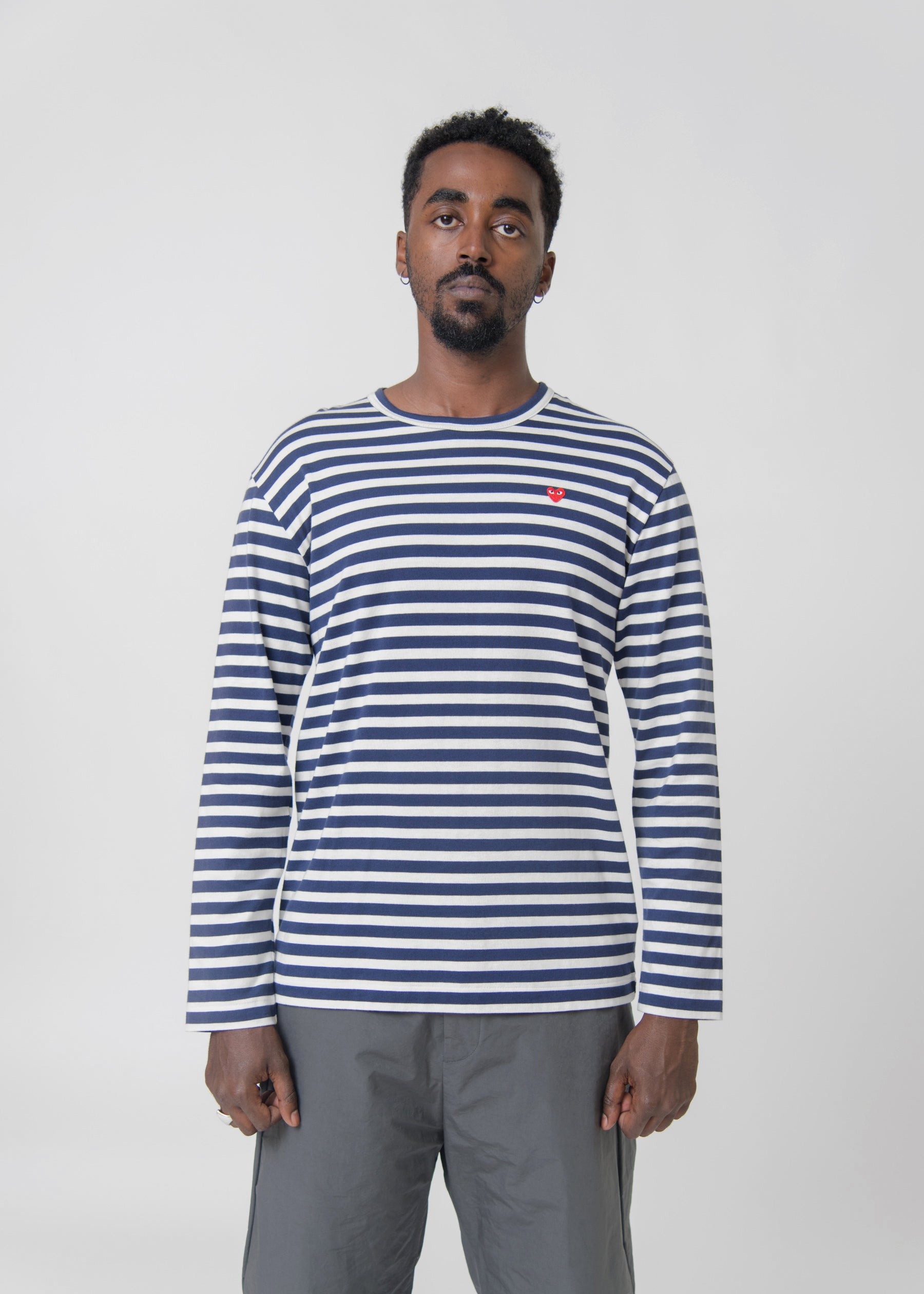 Long Sleeve Mini Emblem Stripe Tee Navy/Red T310