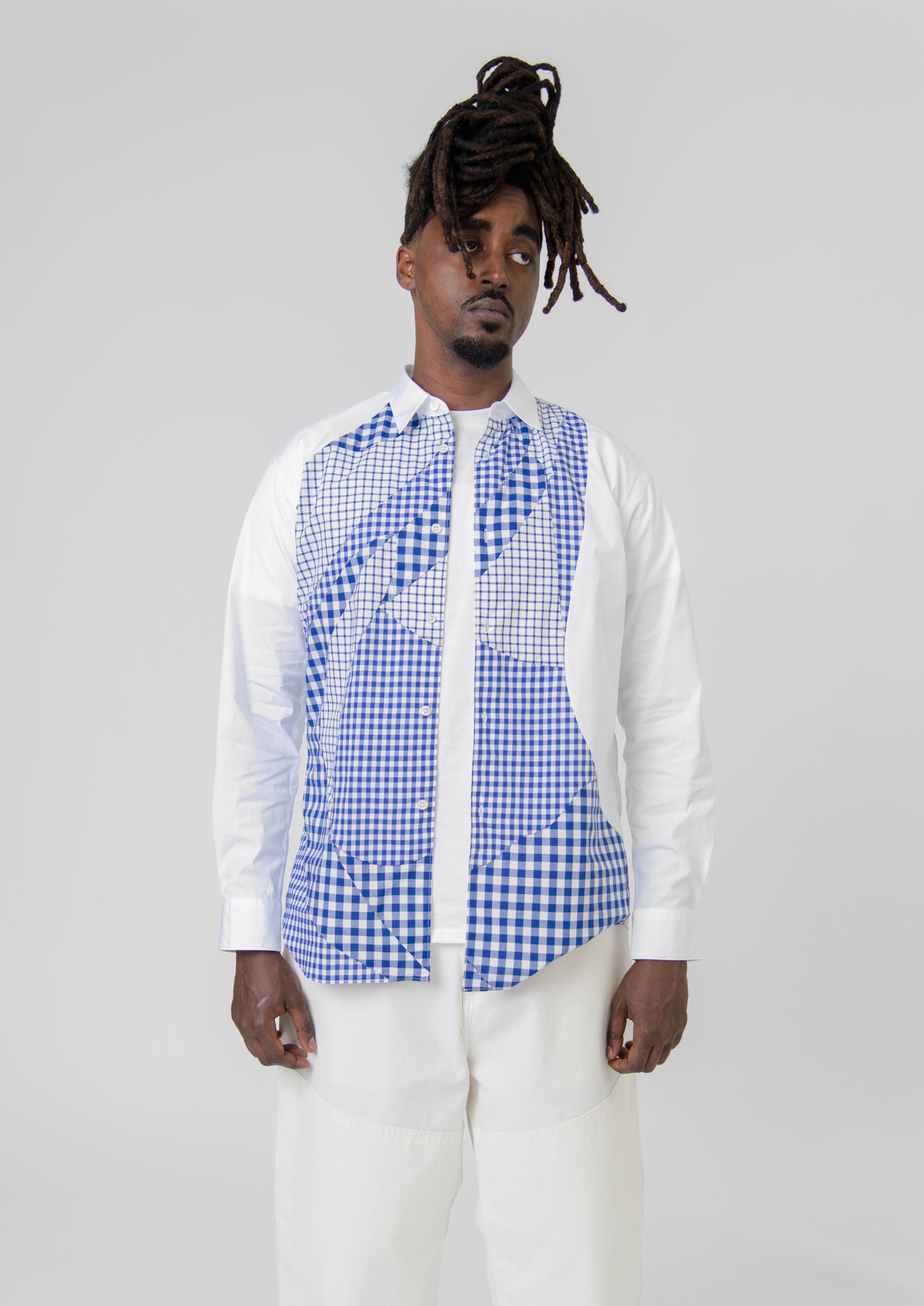 Mixed Checker Print Shirt White/Blue FK-B007