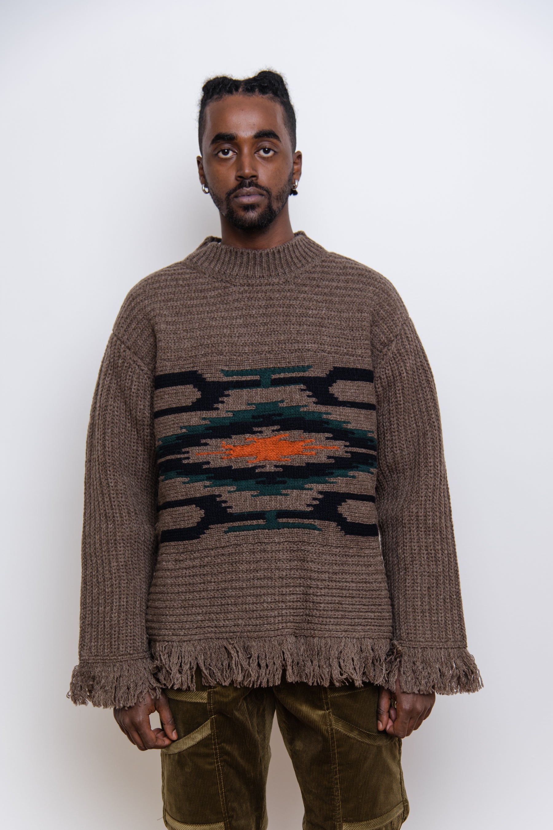 Wool Jacquard Half Cardigan Sweater Camel WJ-N013