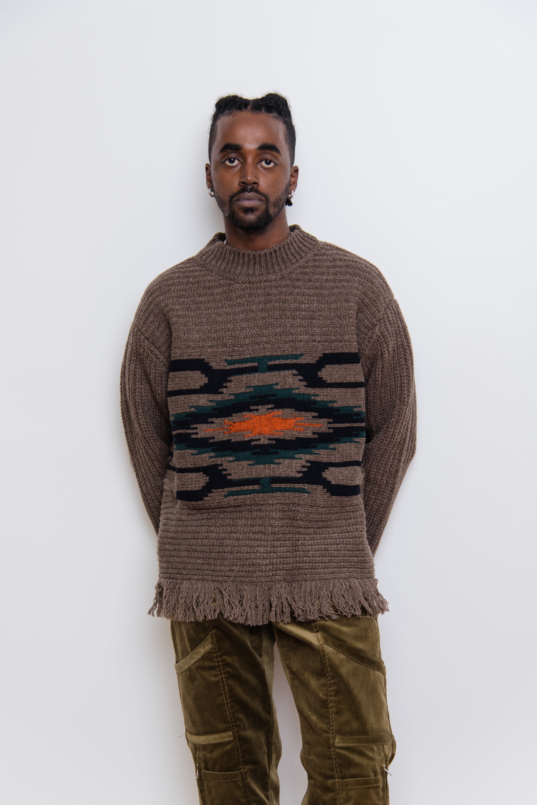 Wool Jacquard Half Cardigan Sweater Camel WJ-N013
