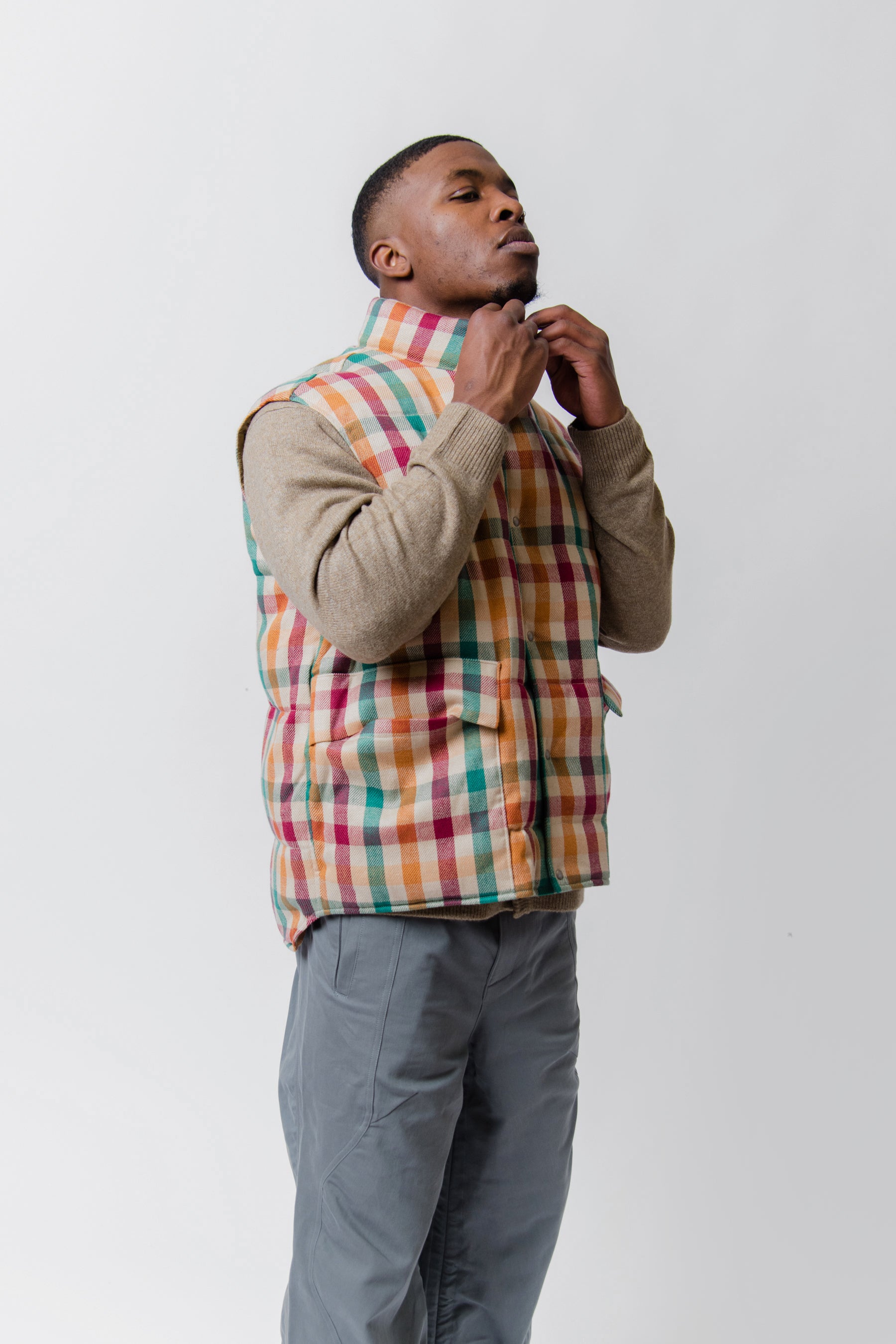 Checkered Walker Down Vest Beige