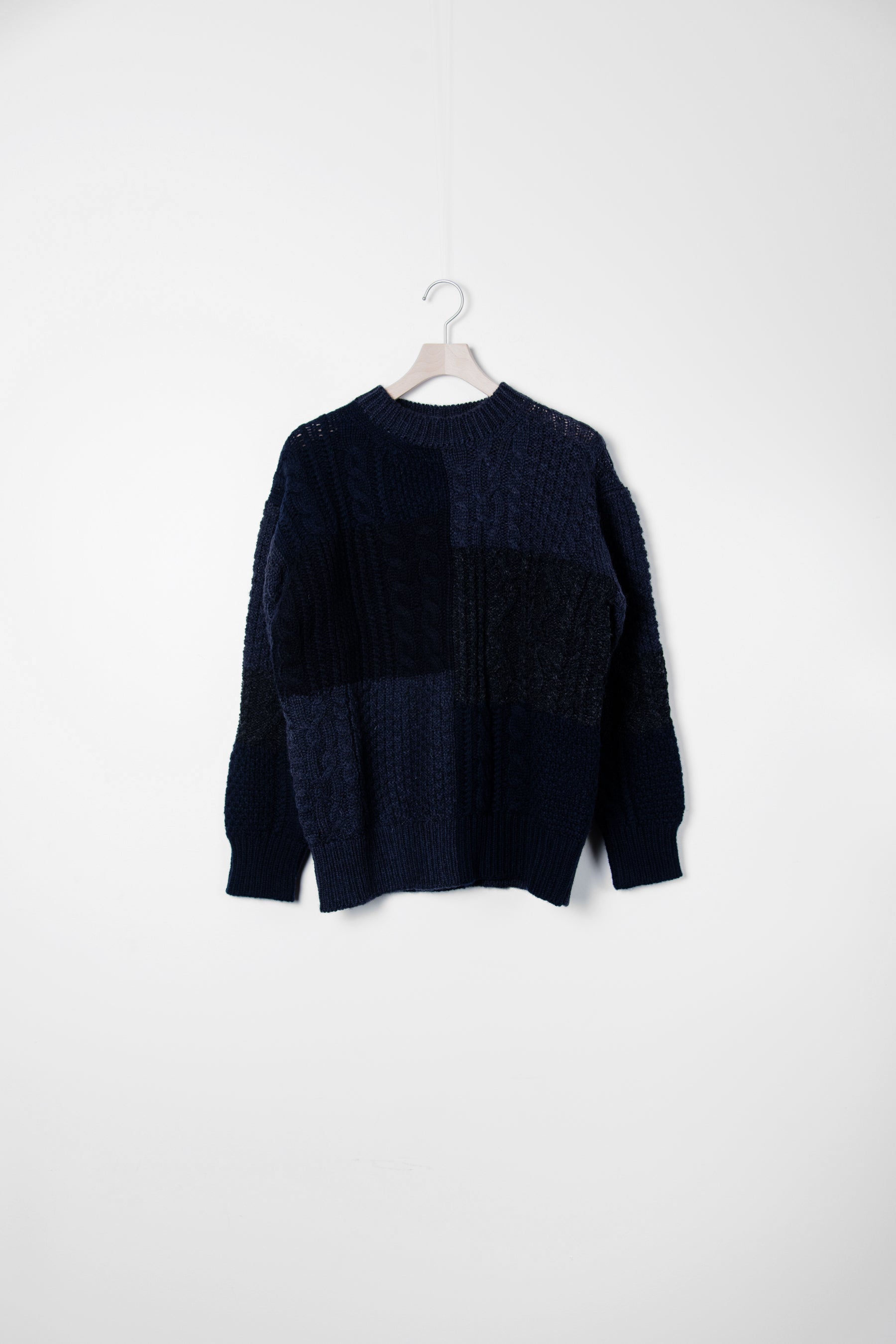 Shetland Wool Aran Pattern Knit Sweater Navy N007