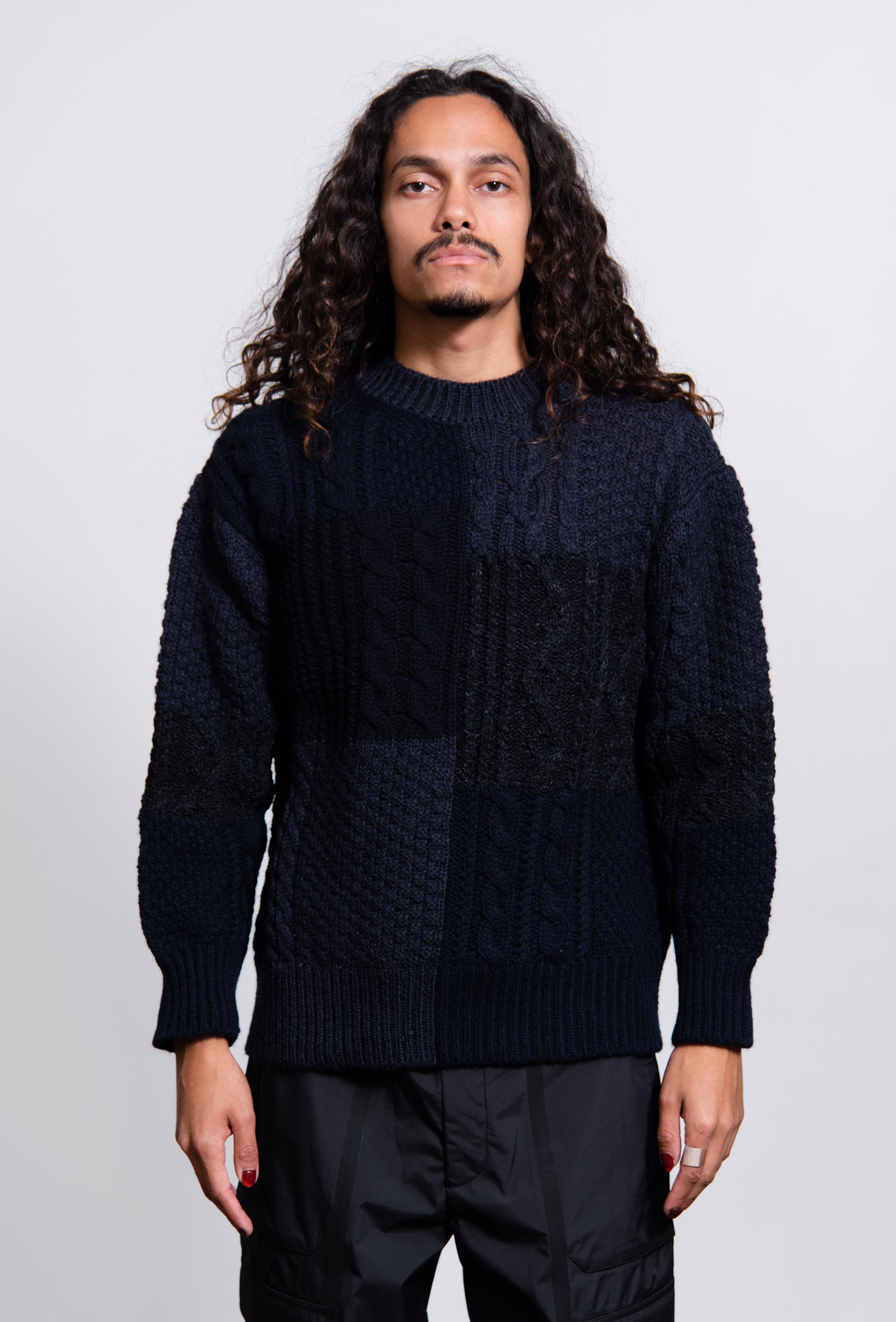 Shetland Wool Aran Pattern Knit Sweater Navy N007