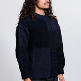 Shetland Wool Aran Pattern Knit Sweater Navy N007