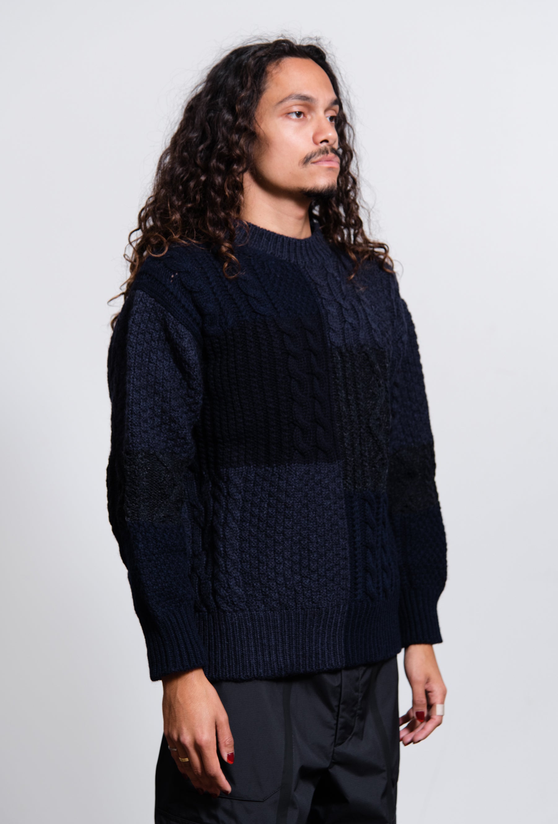 Shetland Wool Aran Pattern Knit Sweater Navy N007
