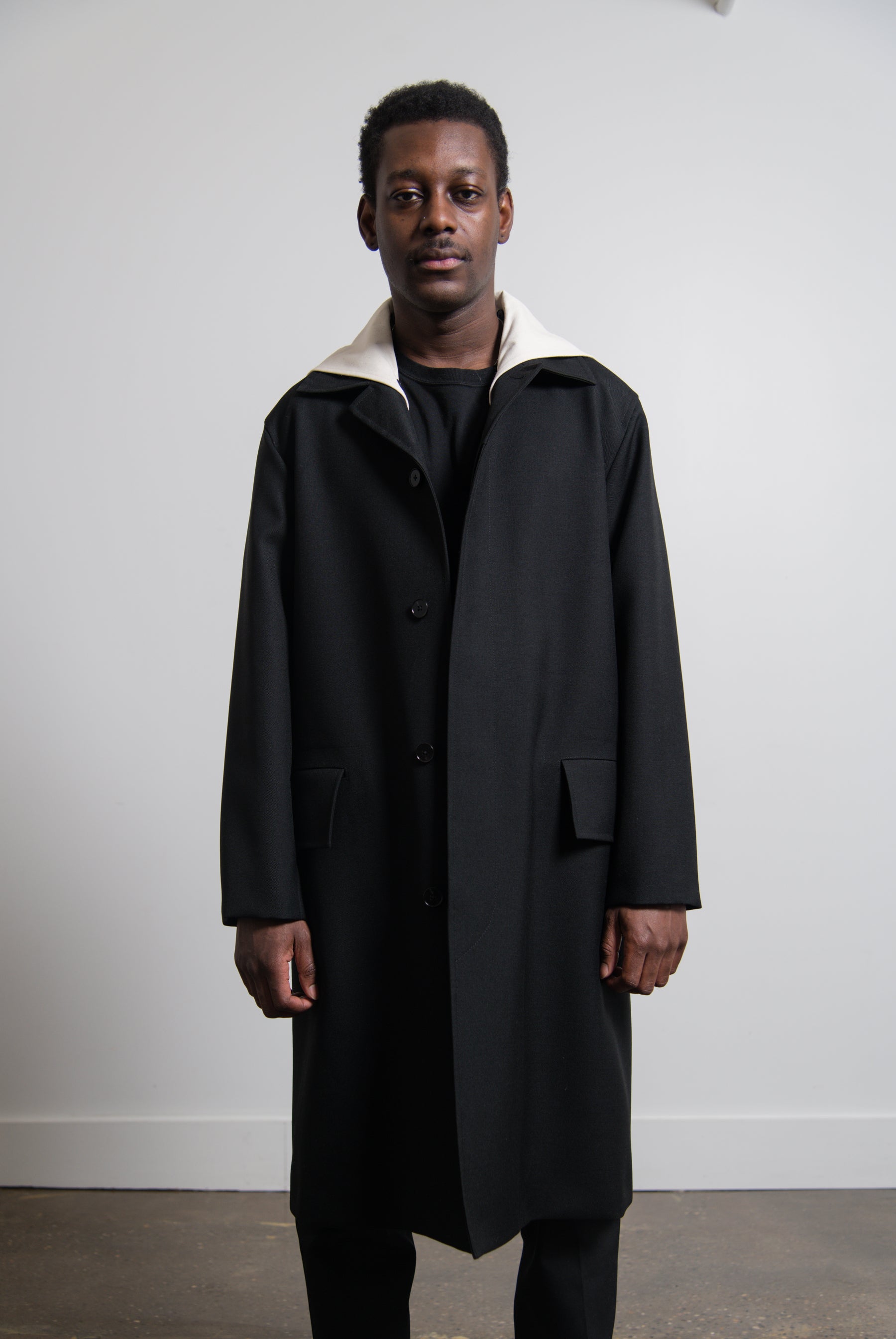 Stencil Print Sharp Wool Serge Coat Black
