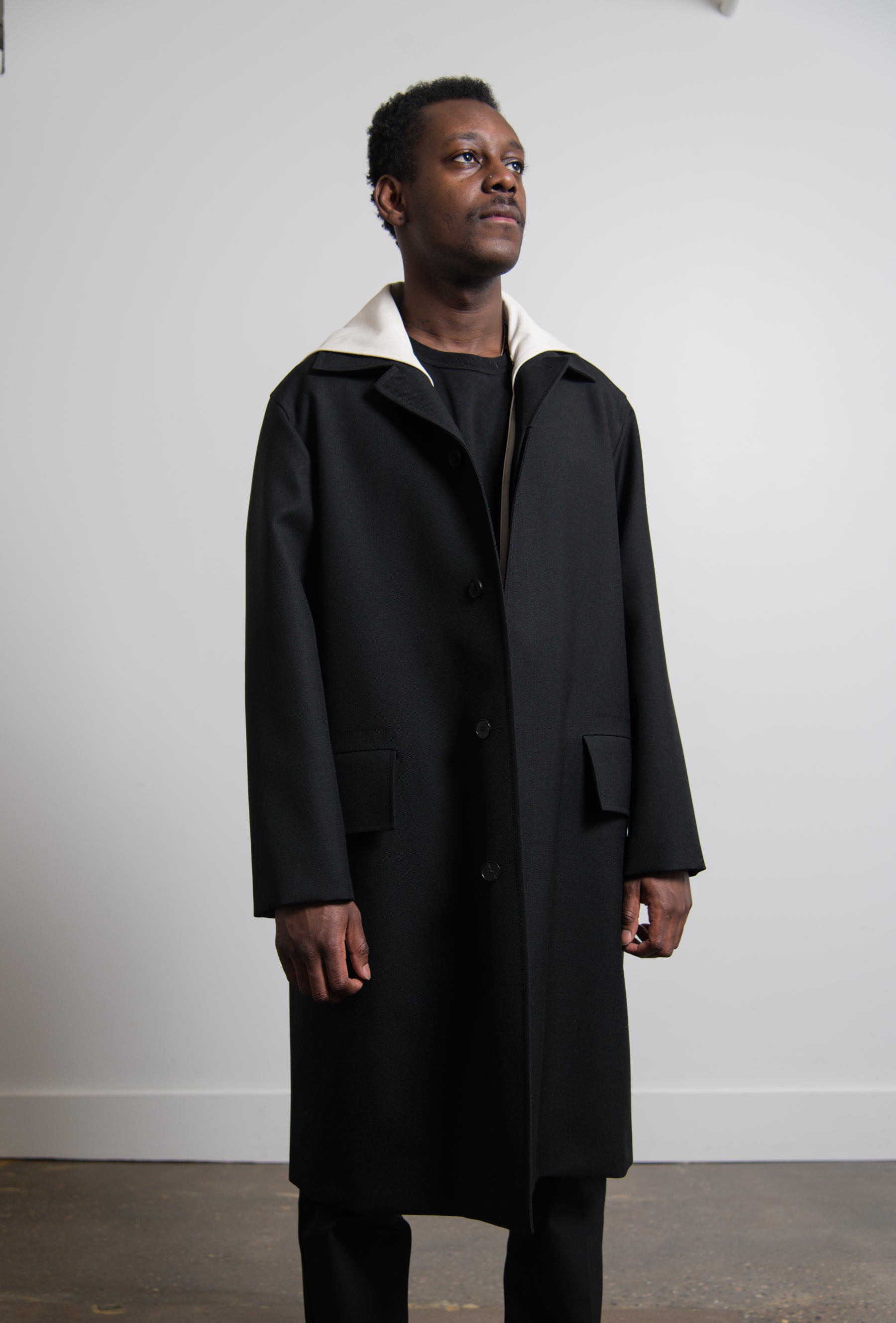 Stencil Print Sharp Wool Serge Coat Black