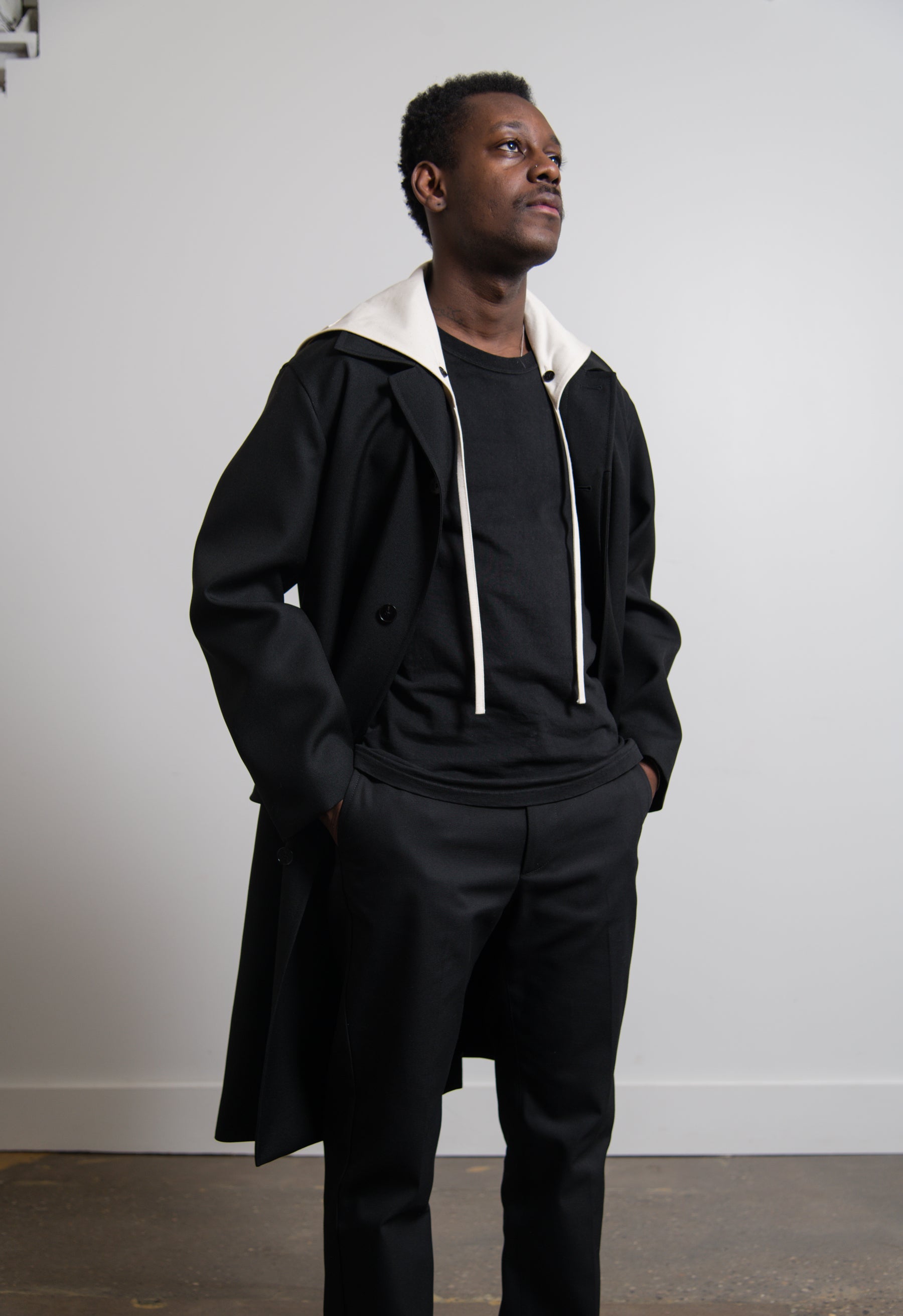 Stencil Print Sharp Wool Serge Coat Black