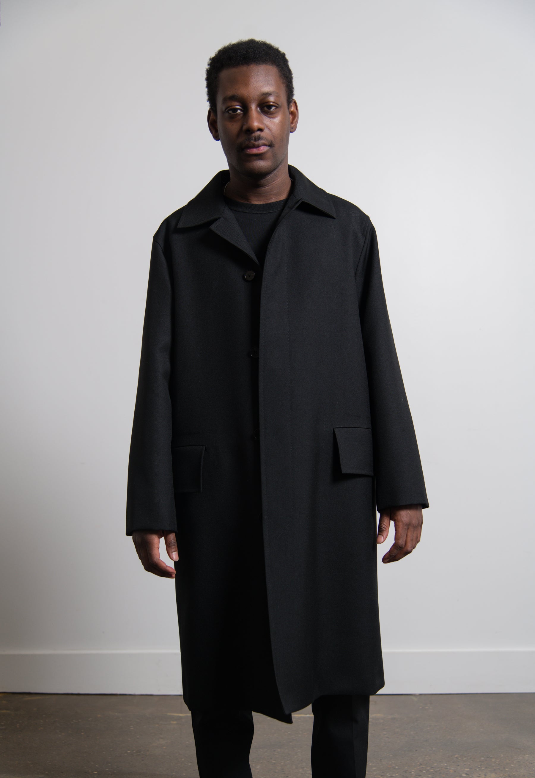 Stencil Print Sharp Wool Serge Coat Black
