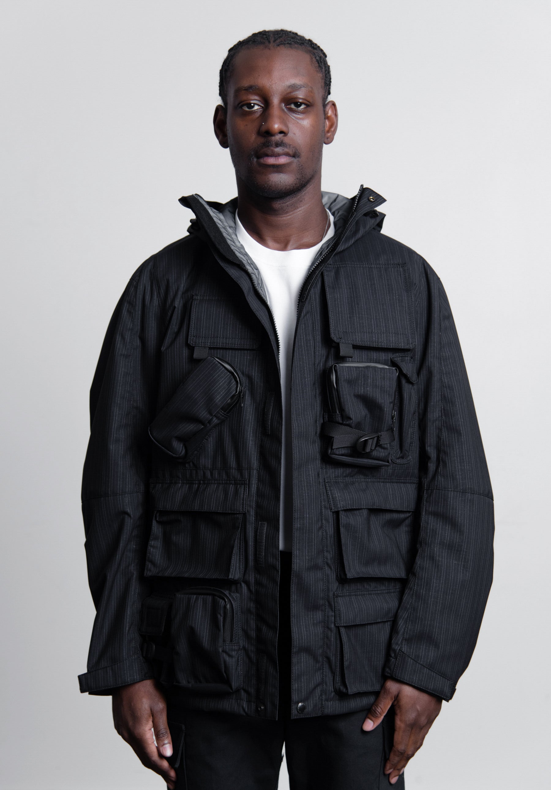 Wool Stripe Laminated Utility Jacket Black/Grey J007