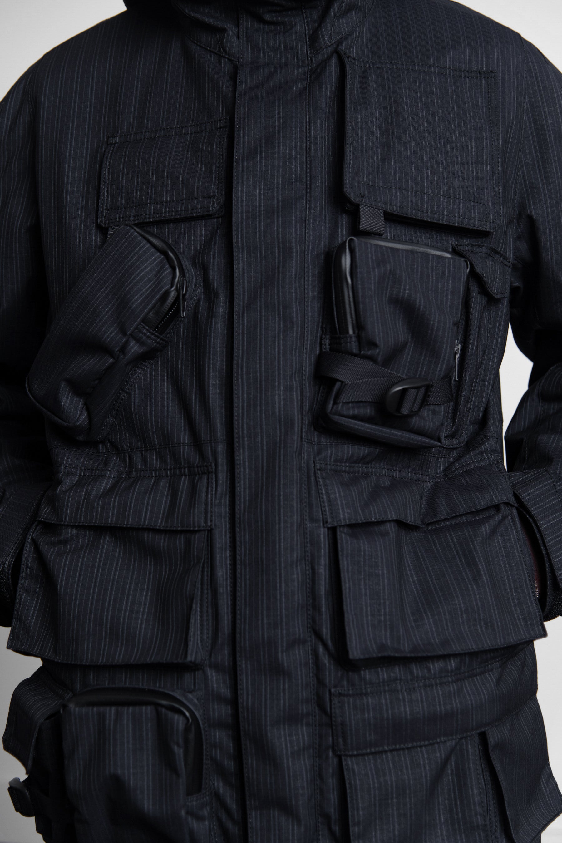 Wool Stripe Laminated Utility Jacket Black/Grey J007
