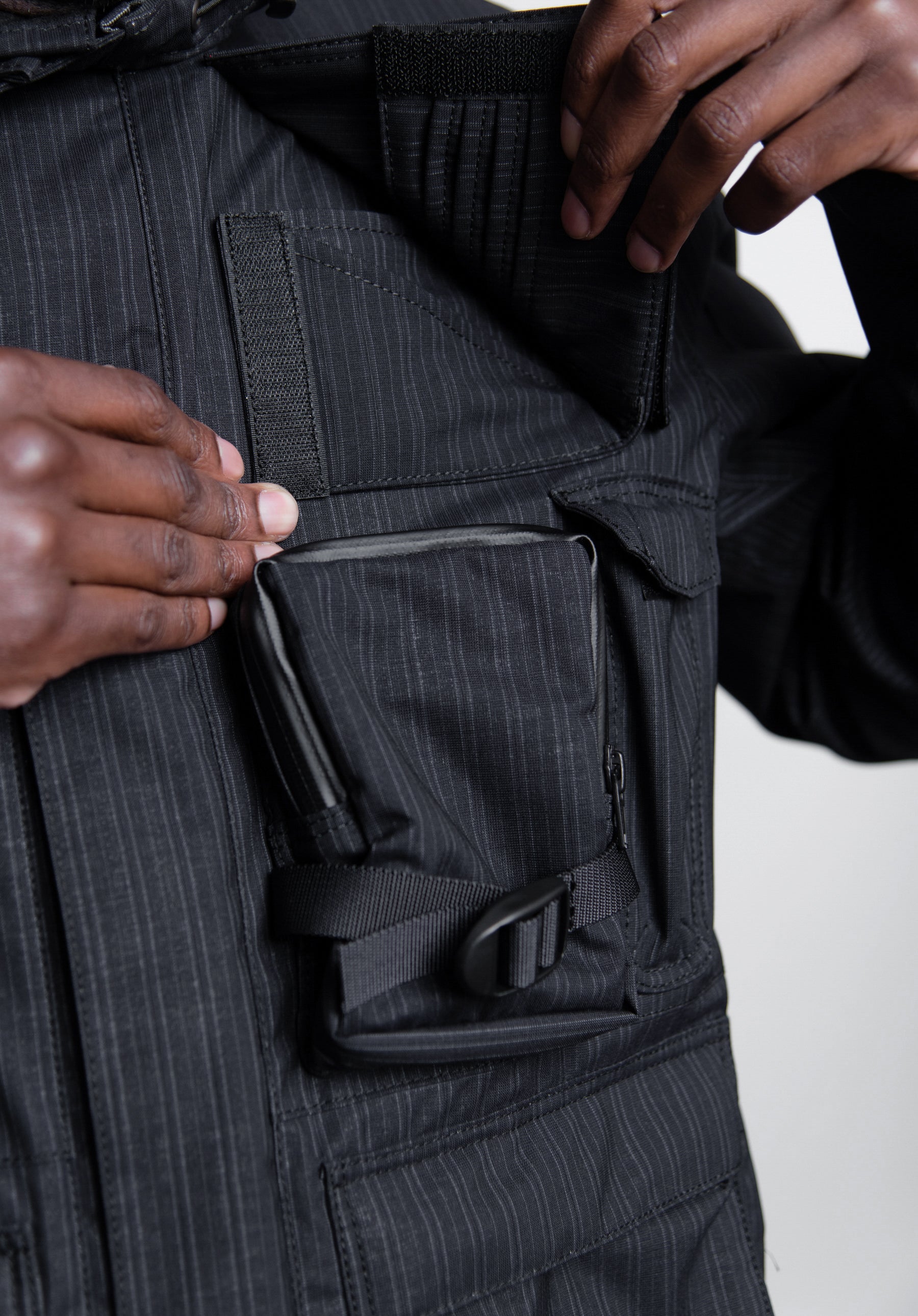 Wool Stripe Laminated Utility Jacket Black/Grey J007