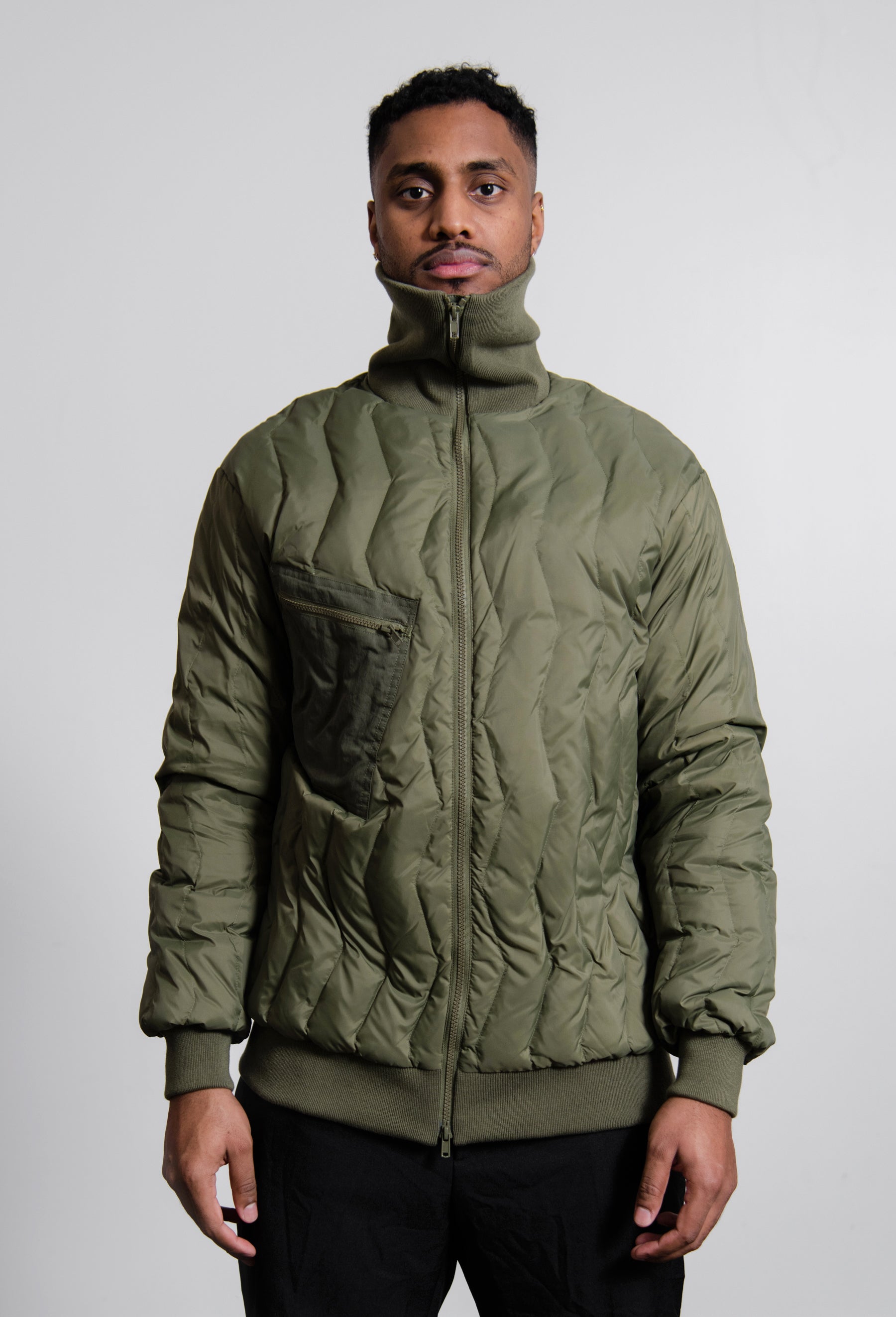 Zig Zag Quilt High Neck Bomber Olive