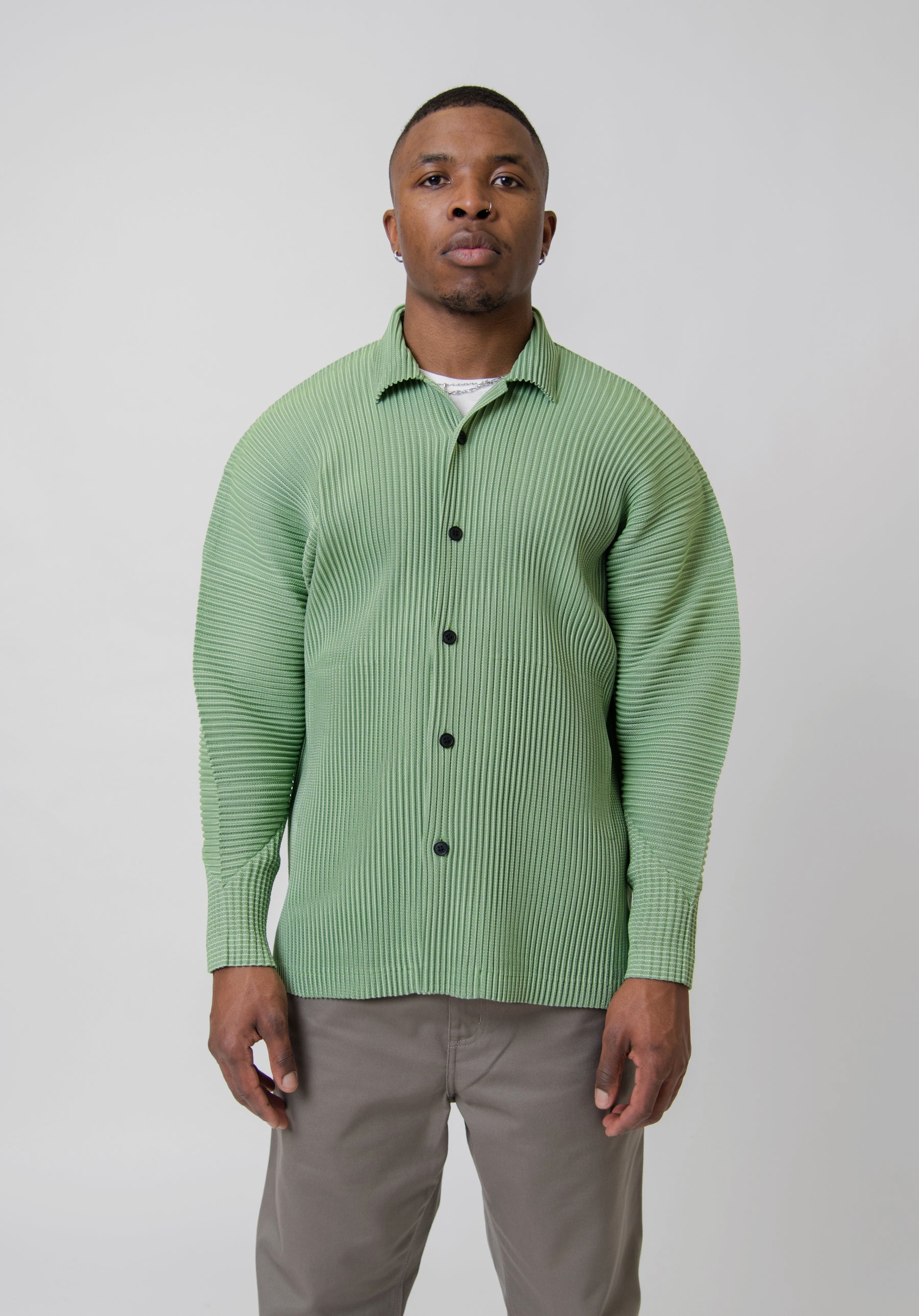 Leno Stripe Pleated Shirt Green FJ307-62