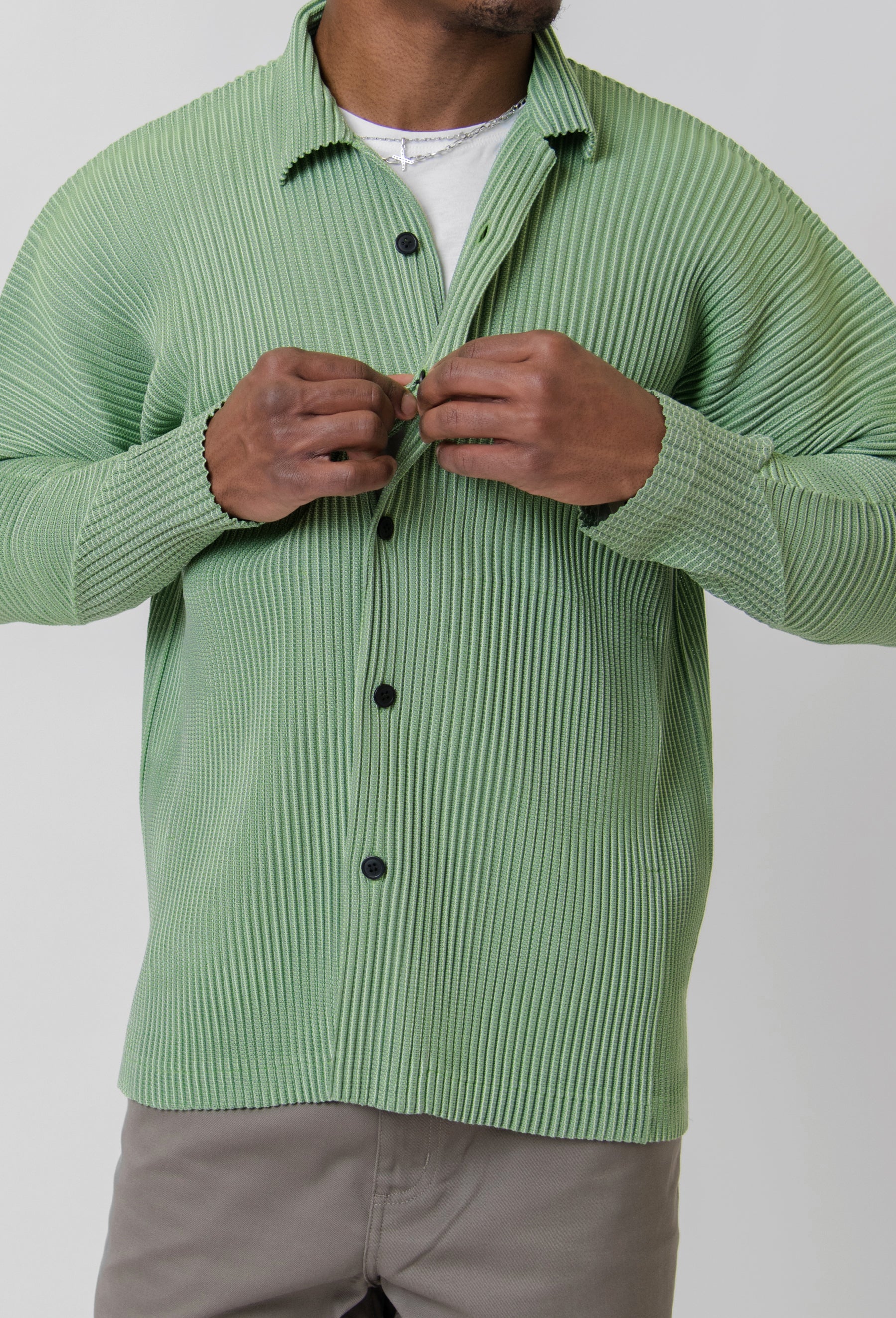 Leno Stripe Pleated Shirt Green FJ307-62