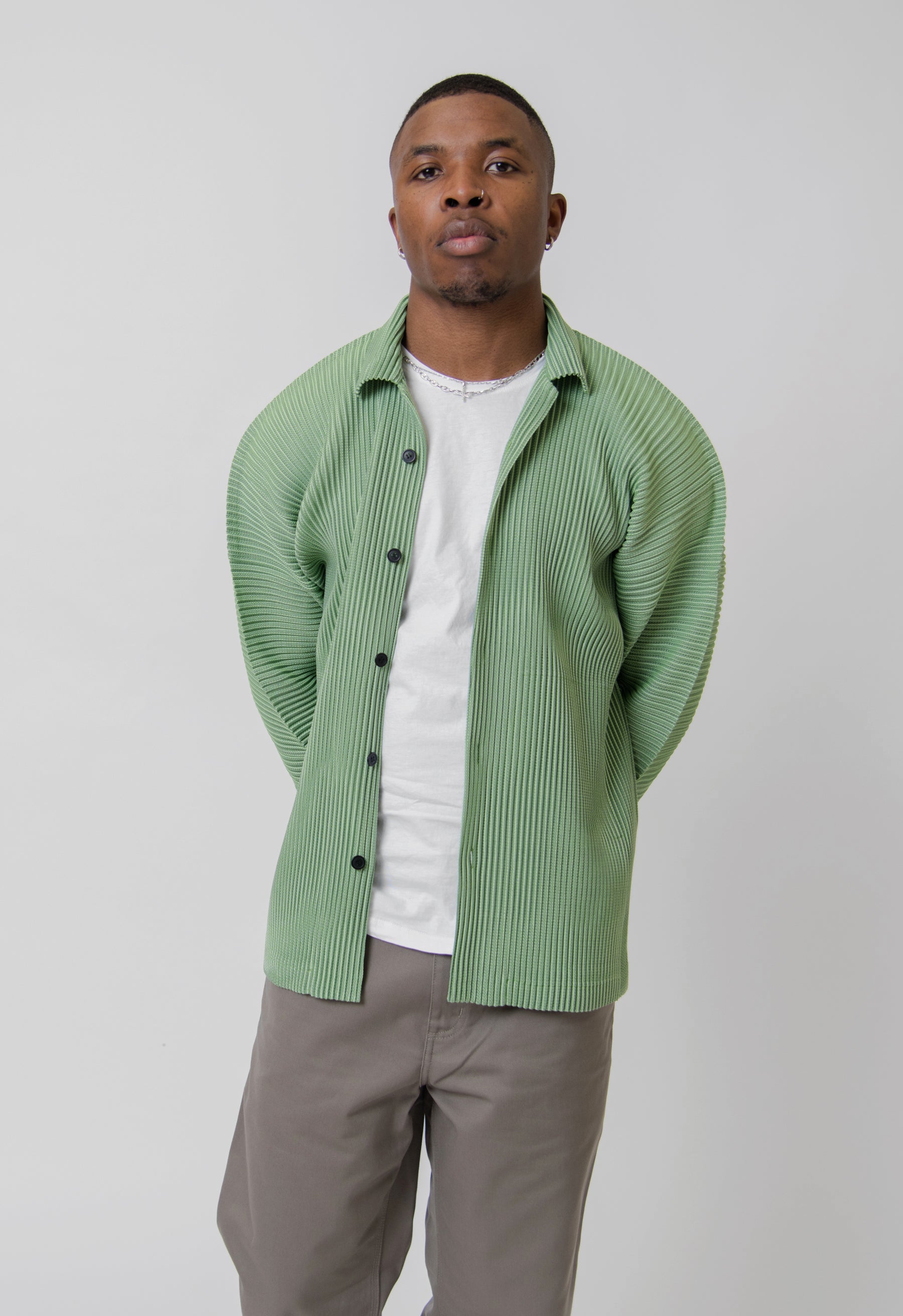 Leno Stripe Pleated Shirt Green FJ307-62
