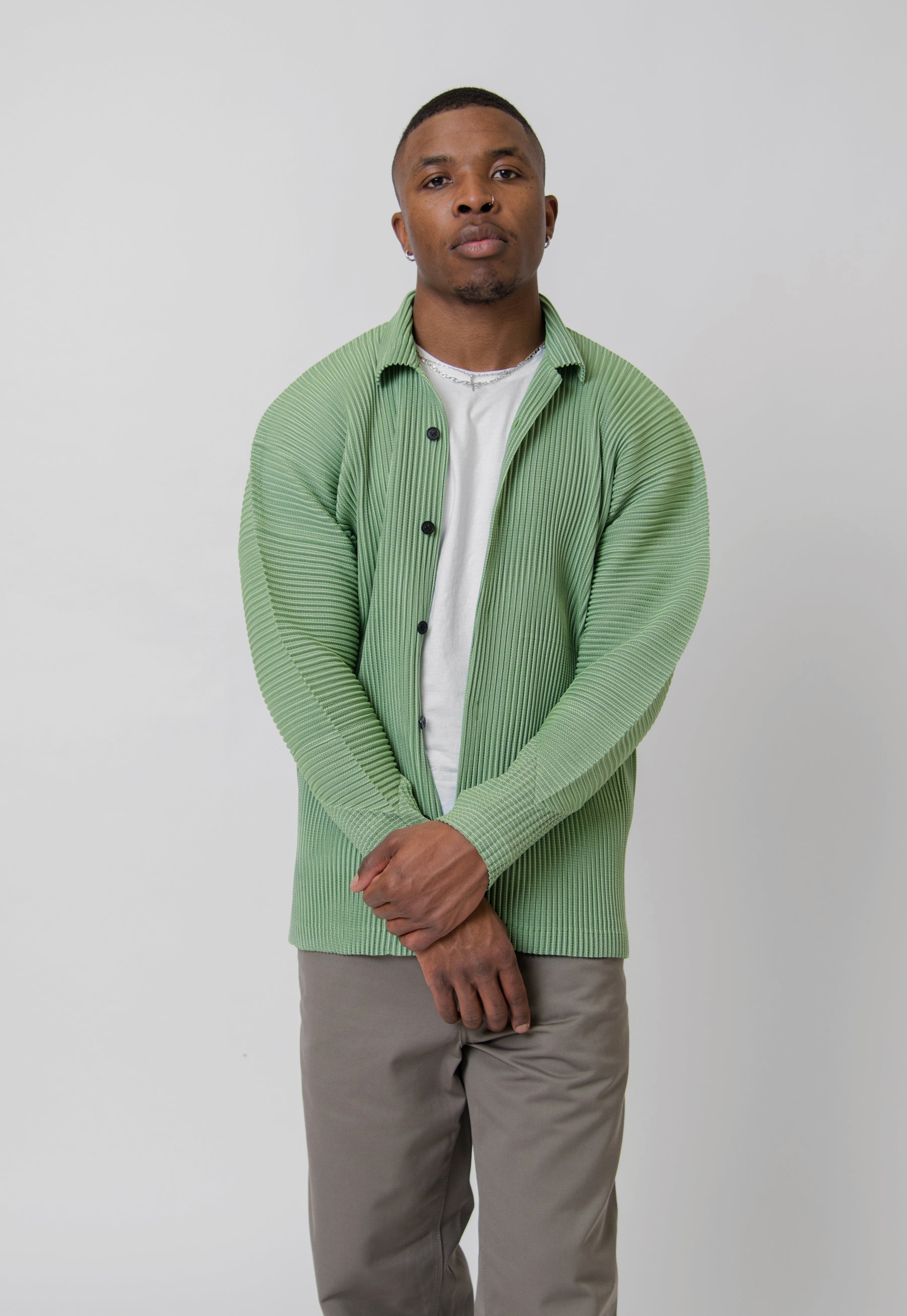 Leno Stripe Pleated Shirt Green FJ307-62