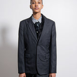 Wool Shadow Check Synthetic Fur Blazer Black