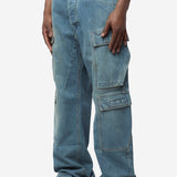 Men's Double Cargo Jeans Washed Indigo DU01F4361