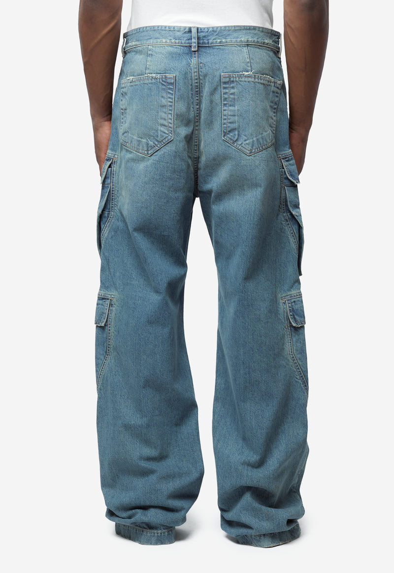 Men's Double Cargo Jeans Washed Indigo DU01F4361