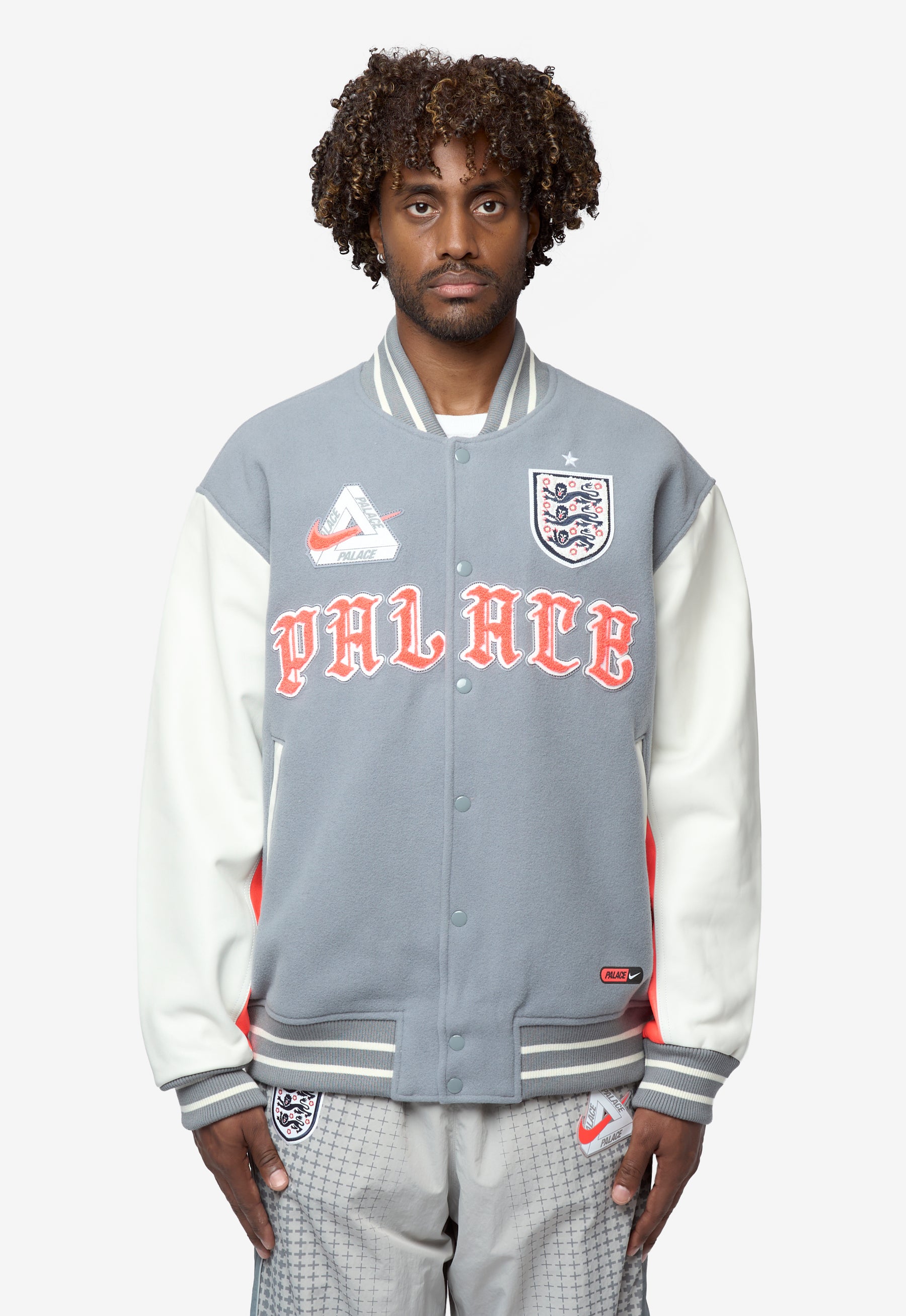 Men's Nike x Palace Varsity Jacket Grey/Neon Orange/White IM6636