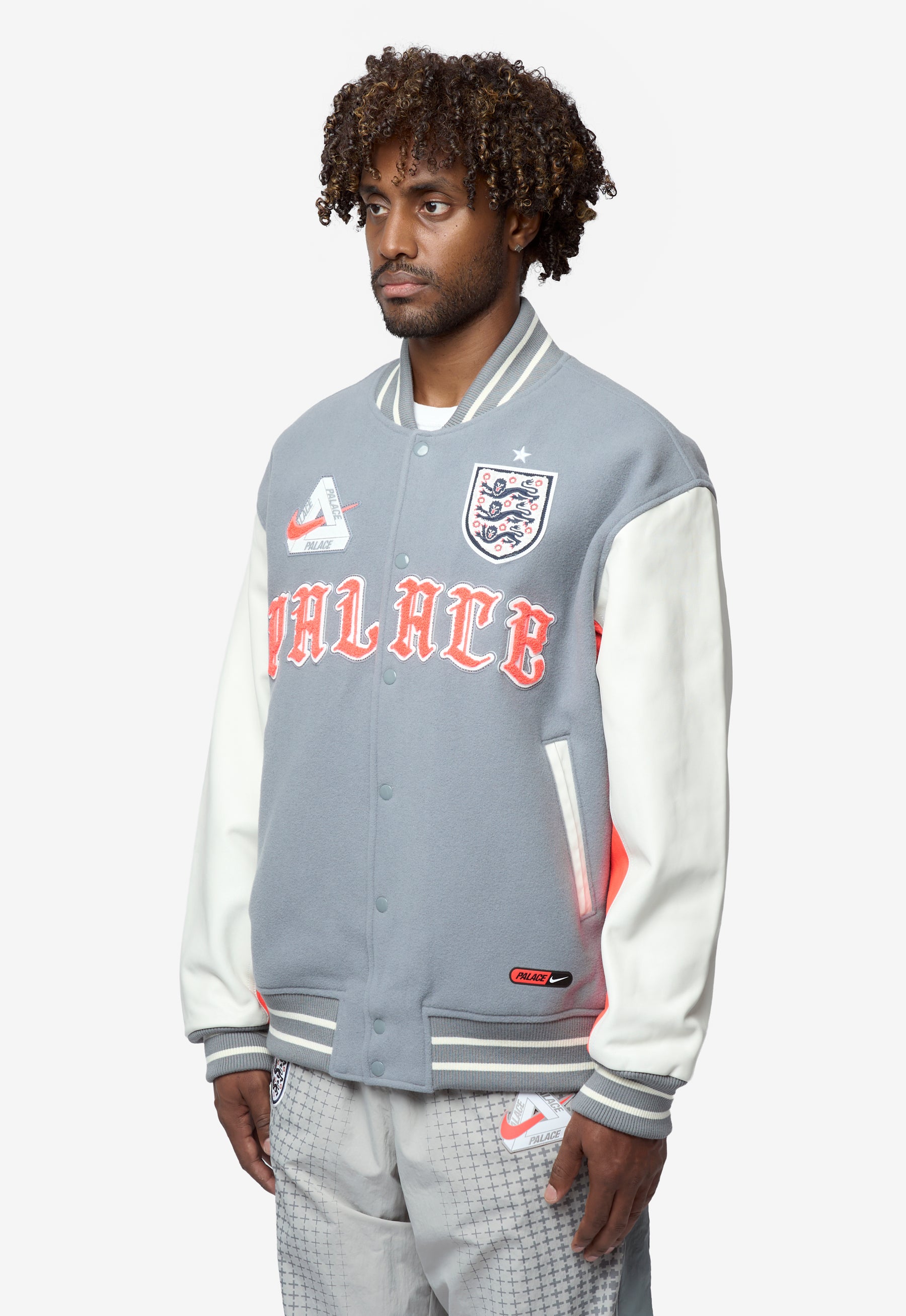 Men's Nike x Palace Varsity Jacket Grey/Neon Orange/White IM6636