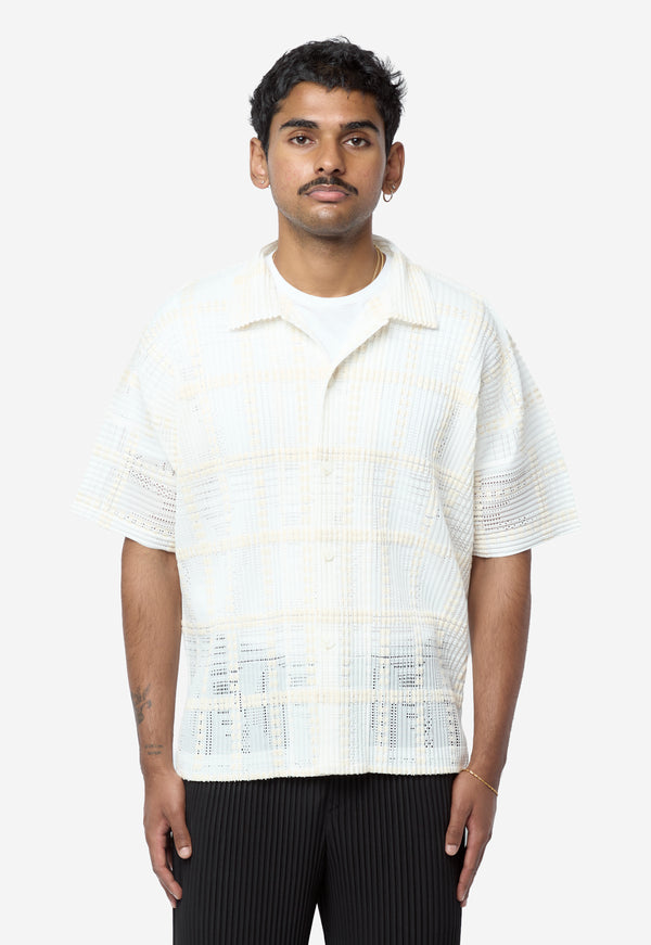 Men's Lace Grid Pleated Short Sleeve Shirt White HP68-JJ226-01