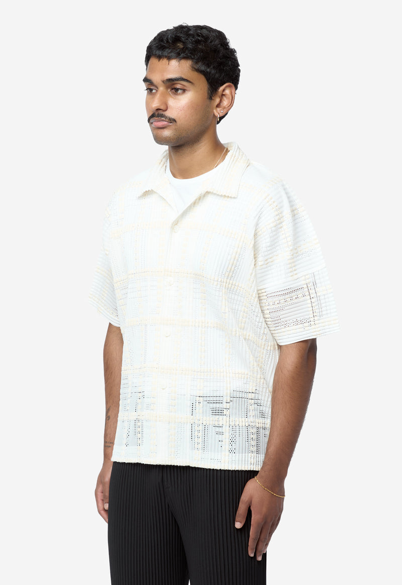 Men's Lace Grid Pleated Short Sleeve Shirt White HP68-JJ226-01