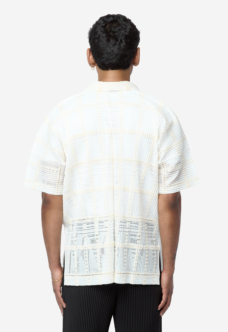 Men's Lace Grid Pleated Short Sleeve Shirt White HP68-JJ226-01