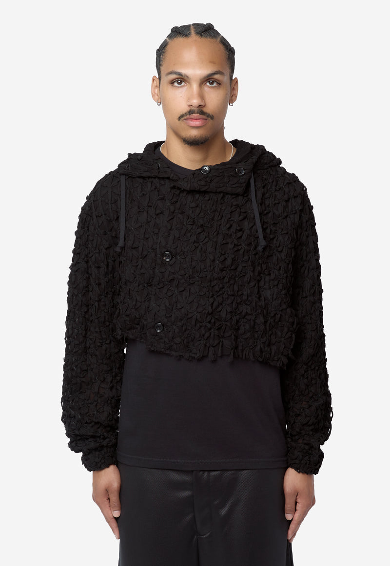 Men's Georgette Motif Embroidery Hooded Jacket Black PR-C007-051-1
