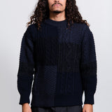Shetland Wool Aran Pattern Knit Sweater Navy N007