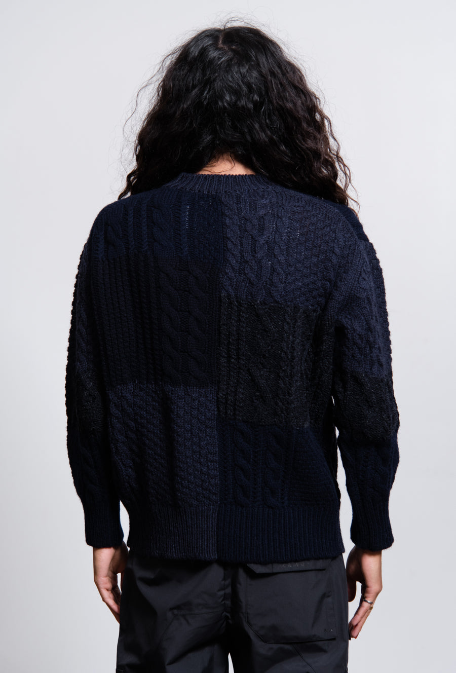 Shetland Wool Aran Pattern Knit Sweater Navy N007