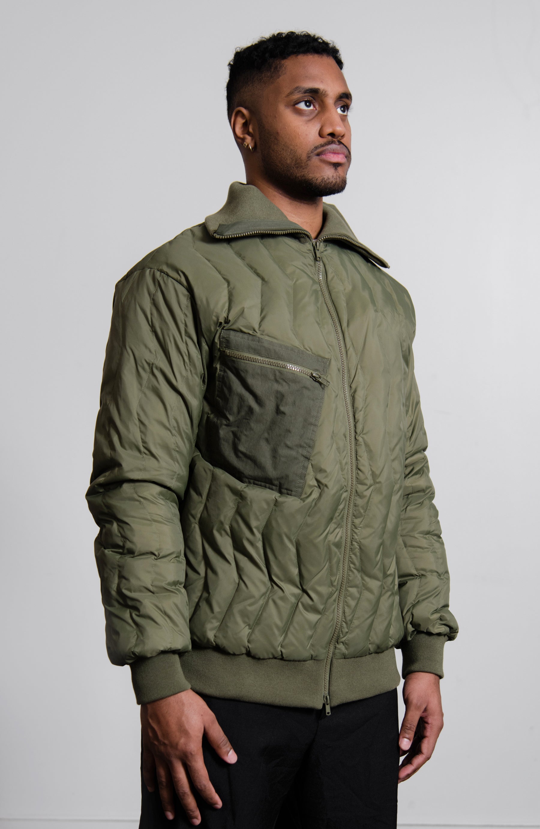 Zig Zag Quilt High Neck Bomber Olive