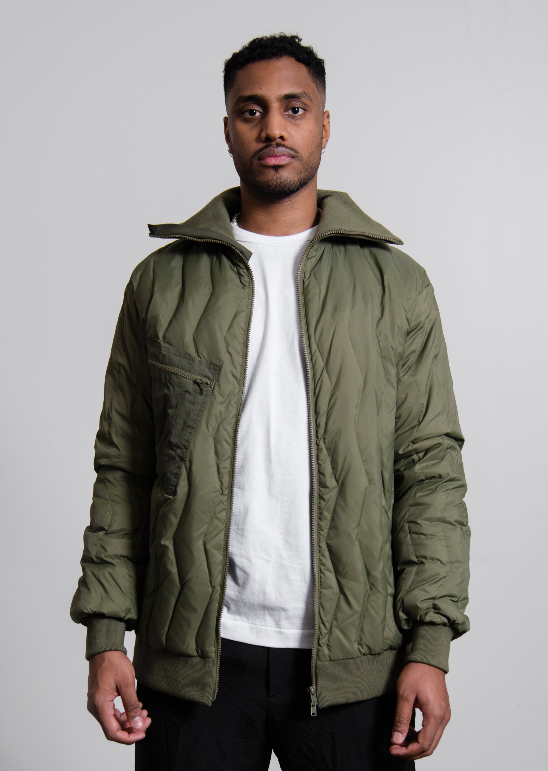 Zig Zag Quilt High Neck Bomber Olive