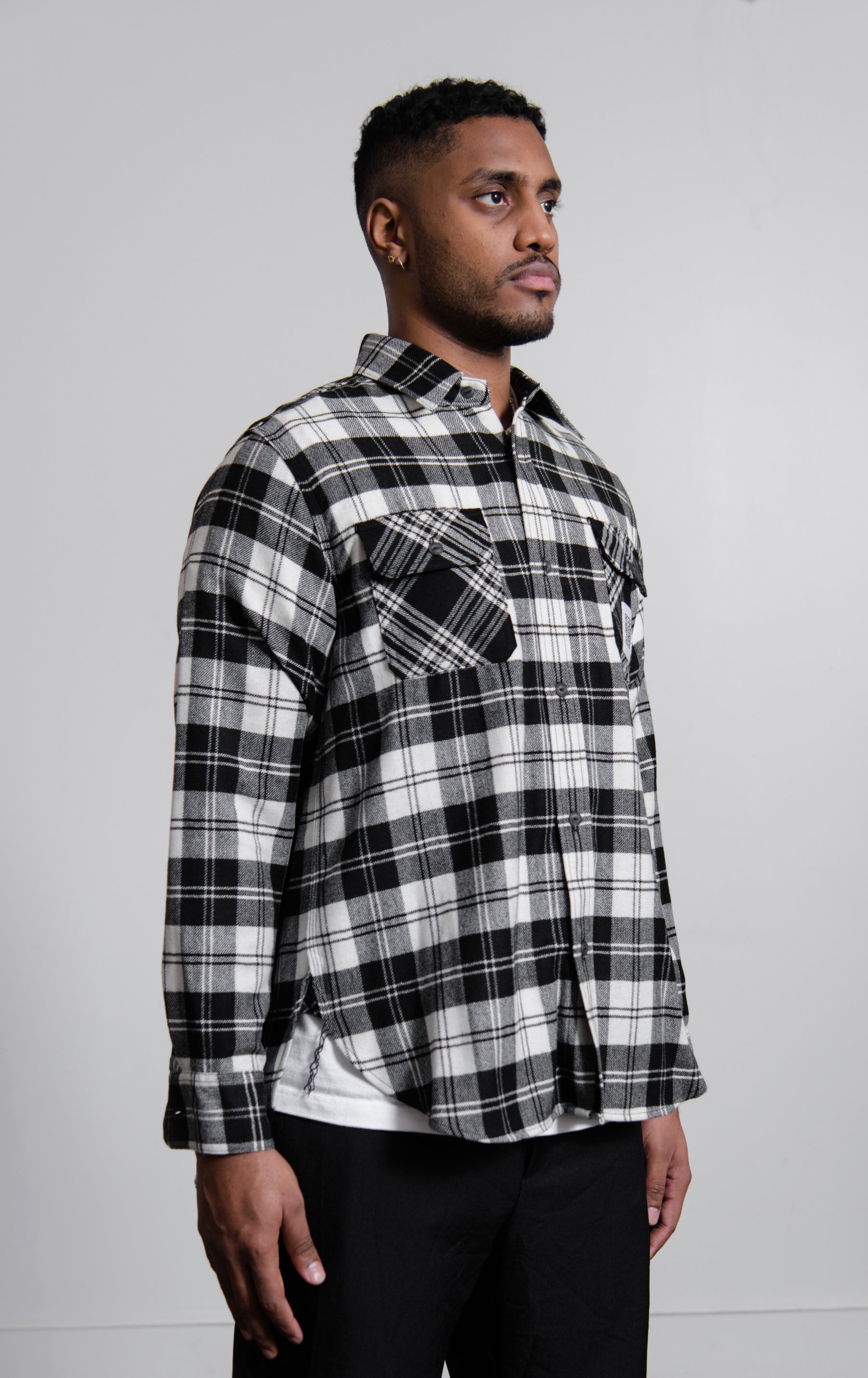 Pleated Flannel Shirt Black FU6-SH-02