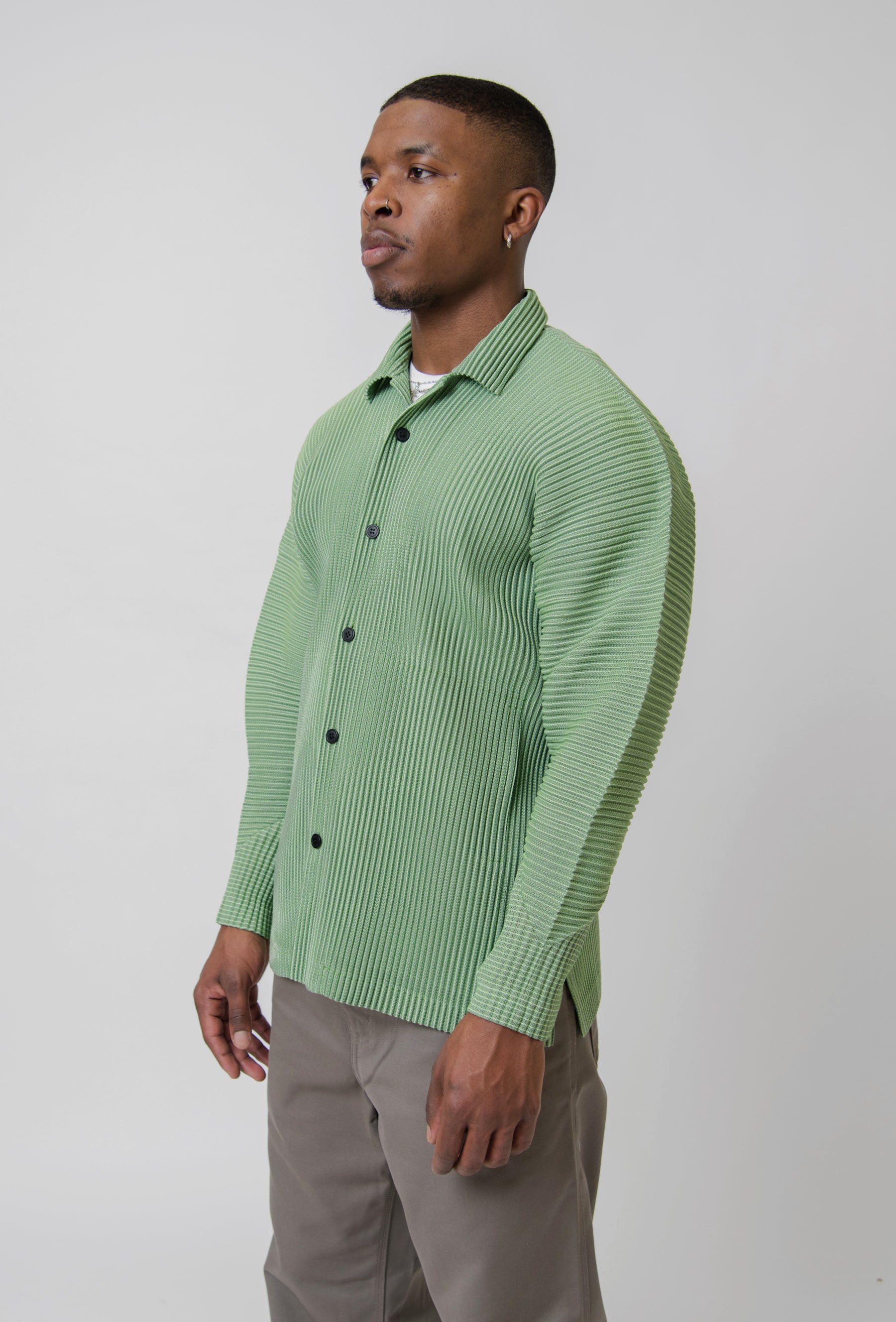 Leno Stripe Pleated Shirt Green FJ307-62