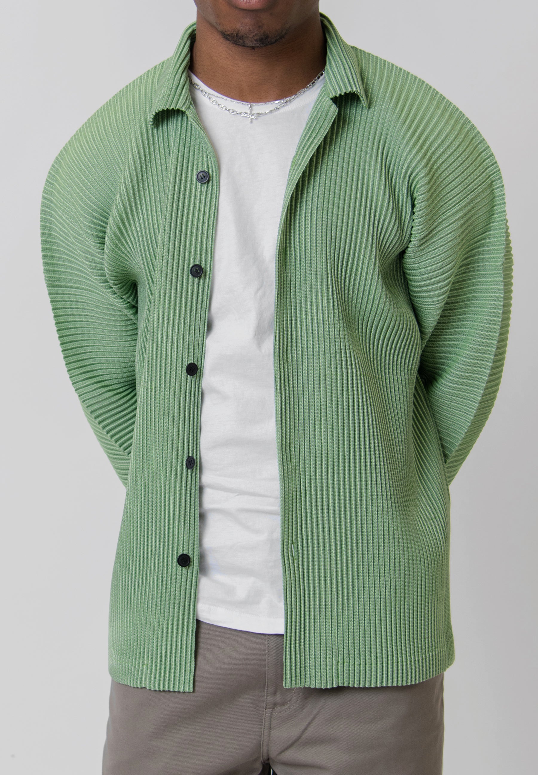 Leno Stripe Pleated Shirt Green FJ307-62