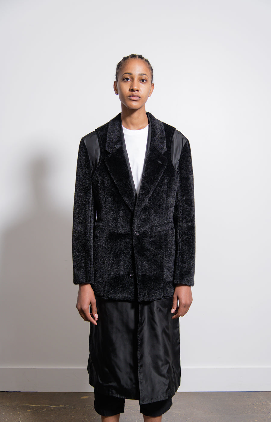 Polyester Nylon Synthetic Fur Cupro Twill Coat Black
